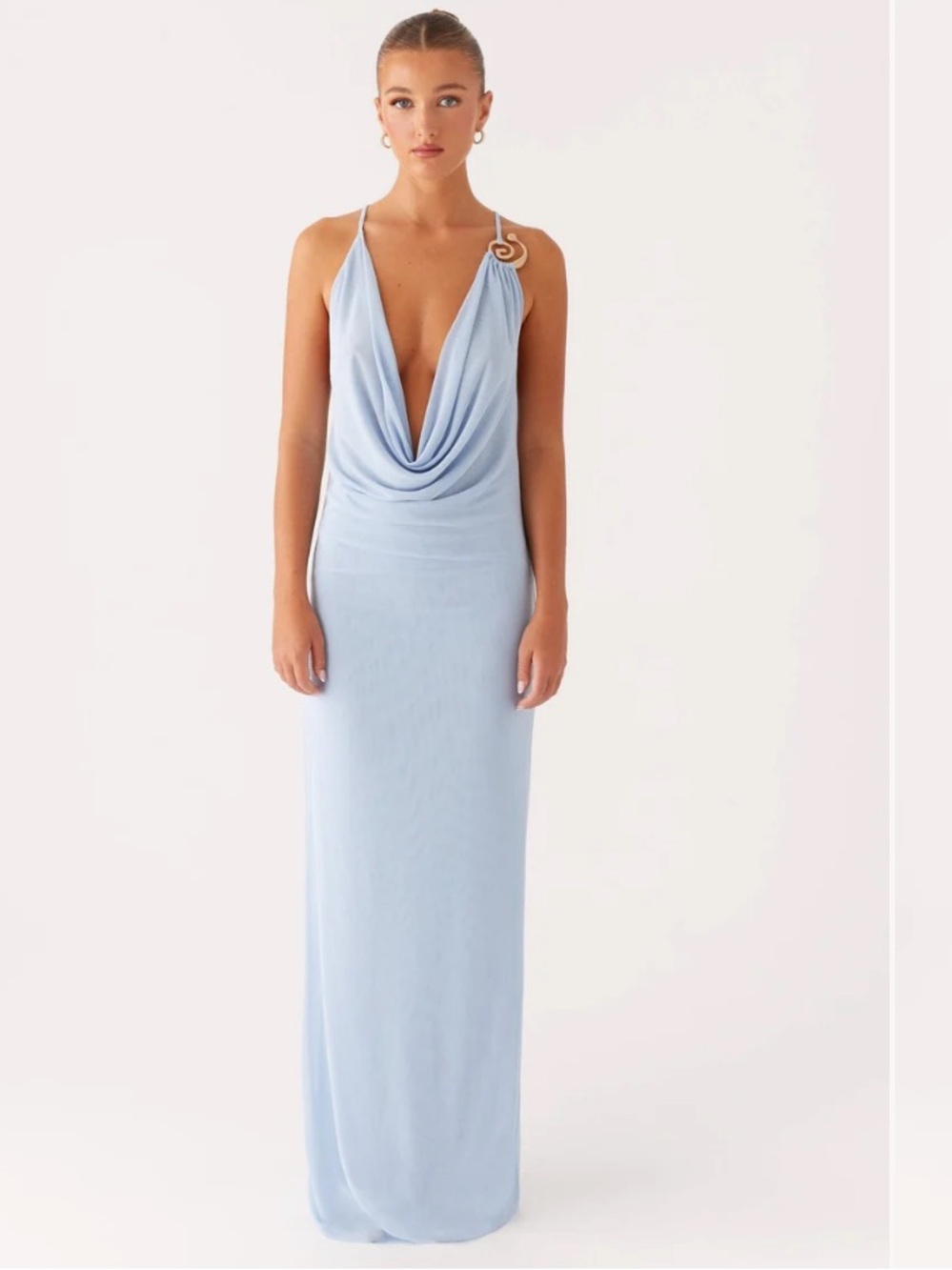 Peppermayo NWT Game Player Cowl Plunging Neck Line Open Back Gold Blue Maxi 8